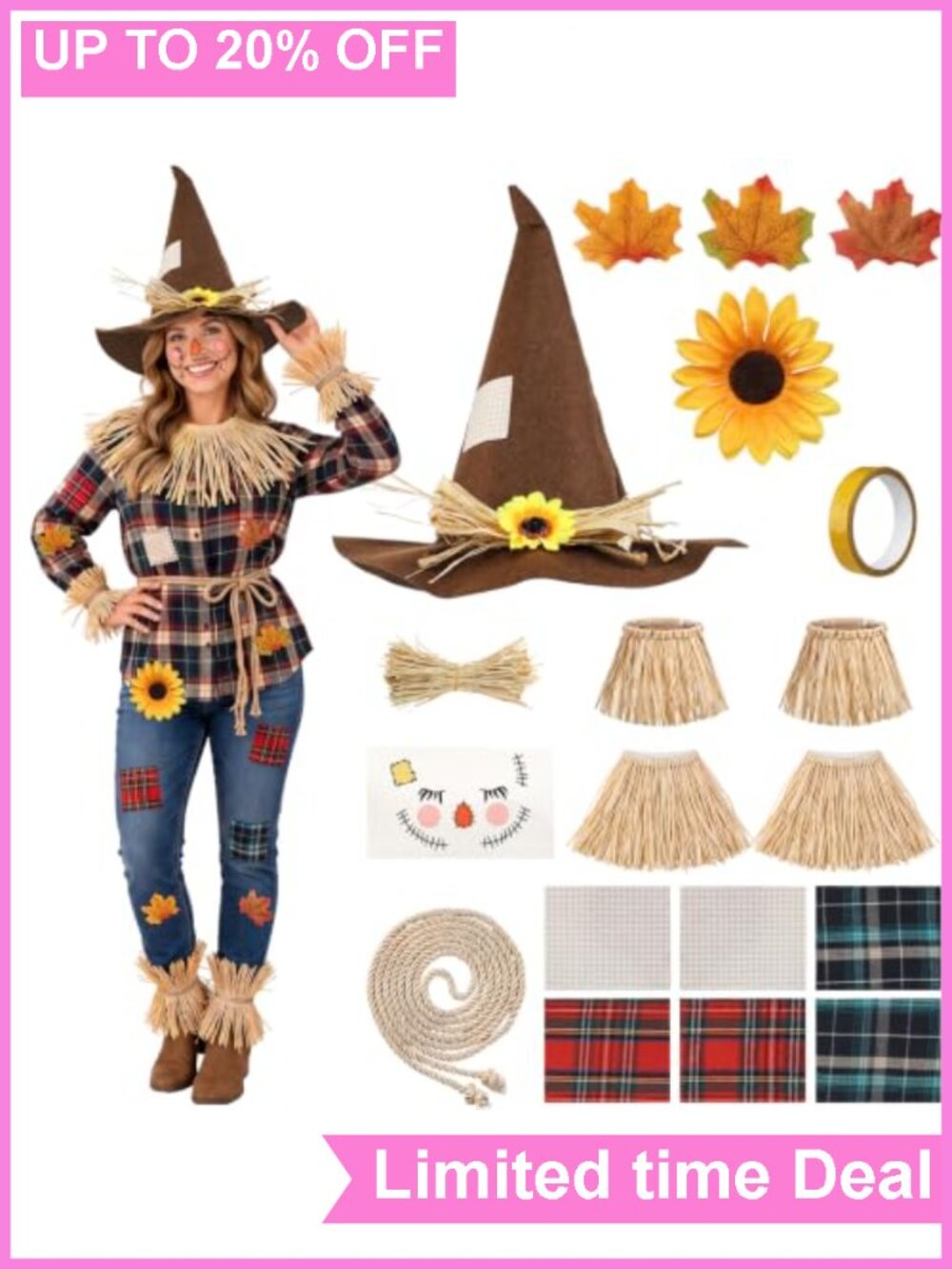 Scarecrow Costume Set Felt Hat Raffia Burlap Belt Sunflower Pins Cosplay